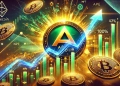 representing the recent surge of ApeCoin APE in the cryptocurrency market. The image features the ApeCoin logo prominently with up