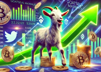 representing the rise of the meme coin Goatseus Maximus GOAT in the crypto market. The image should feature a prominent