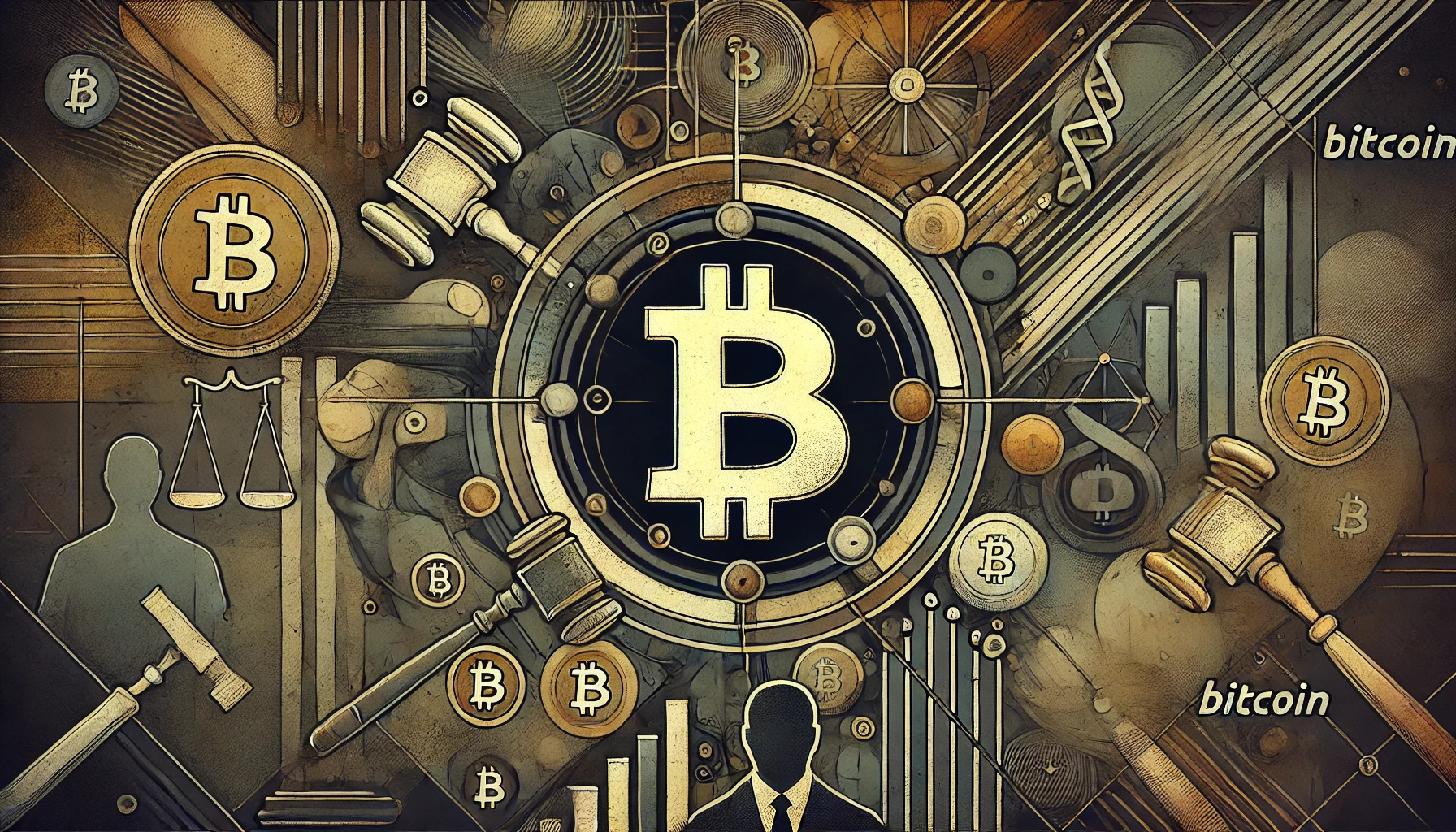 representing the tension between Bitcoin and regulation The Bitcoin symbol is central surrounded by abstract shapes and lines