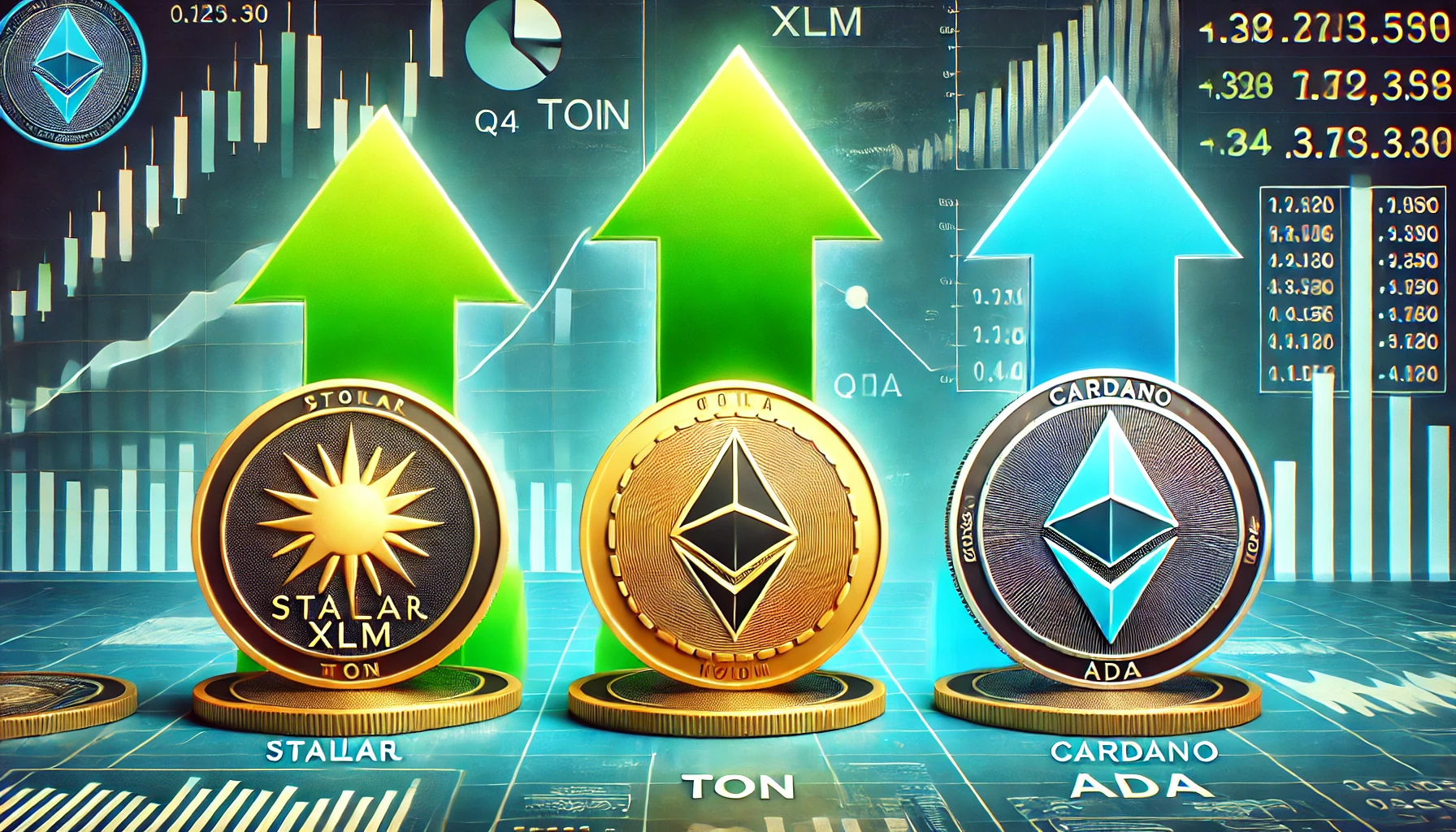 representing the top 3 altcoins poised for big gains in Q4 featuring Stellar XLM Toncoin TON and Cardano ADA. The i