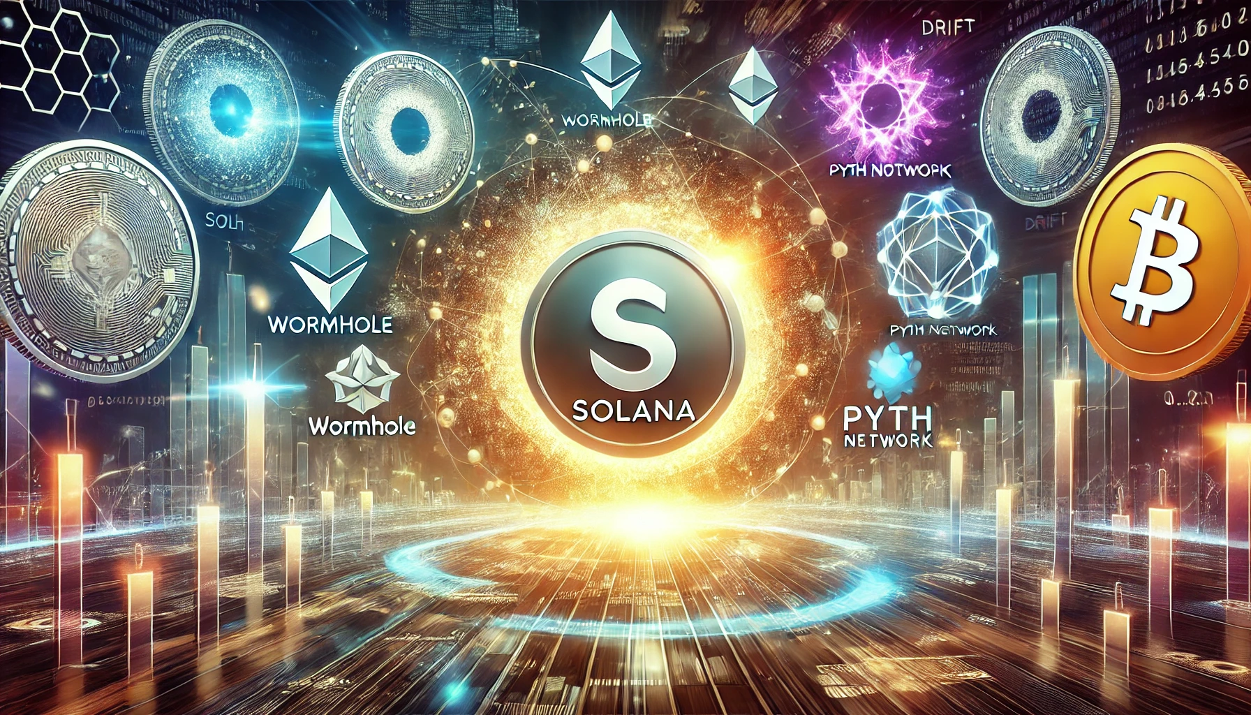 representing the top Solana altcoins developers are focusing on. The scene should include the Solana SOL logo in the center surroun