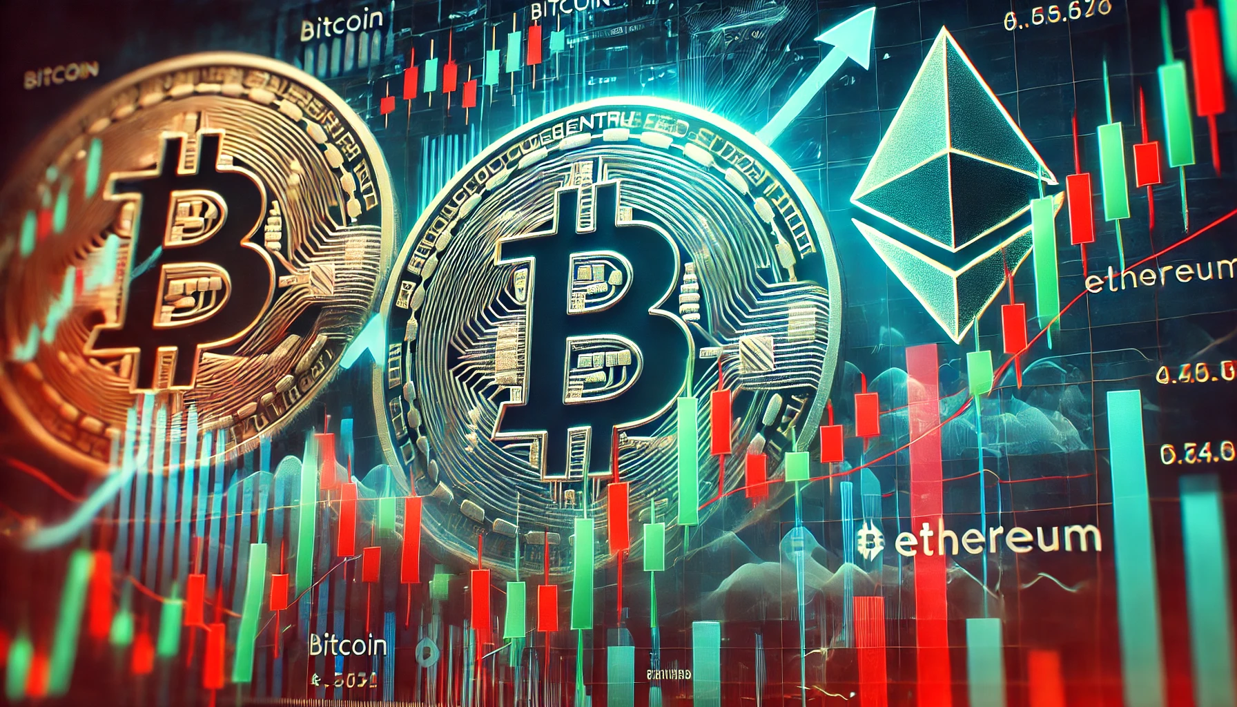 showing Bitcoin and Ethereum price charts with red and green candlesticks symbolizing market volatility. In the background Bitcoin is