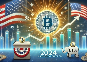 showing Bitcoin influenced by the U.S. 2024 presidential election with symbols representing Bitcoin ETFs election themes suc