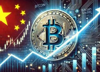 showing Bitcoin is rise past 64000 with a clear influence from China is economic stimulus. The visual includes a large Bitcoin symbol