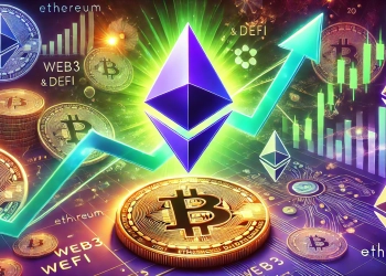 showing Ethereum is rise over Bitcoin in the cryptocurrency market. The Ethereum logo is prominently displayed with a price chart showi