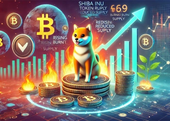 showing Shiba Inu SHIB cryptocurrency with visual elements representing a rising burn rate reduced token supply and