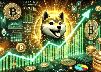 showing Shiba Inu SHIB price prediction theme. The image features the SHIB logo prominently with an upward trending chart indicatin