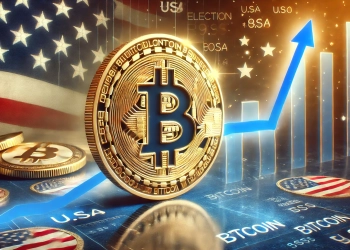 showing the impact of election results on Bitcoin is price. The Bitcoin logo is prominently displayed with an upward price