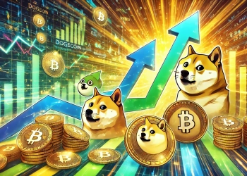 showing the rise of memecoins like Dogecoin Shiba Inu and Pepe with their symbols floating upward against a digital background