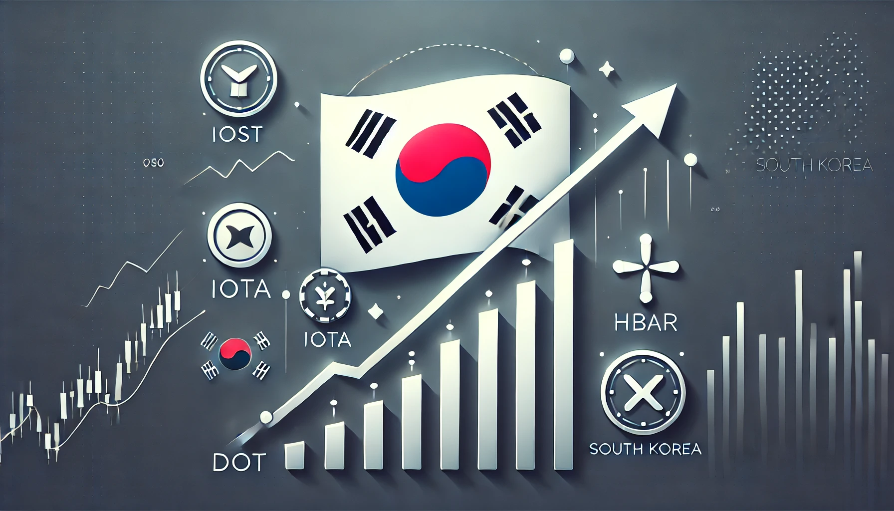 surge in cryptocurrency trading volume in South Korea with a prominent South Korean flag as the focal point