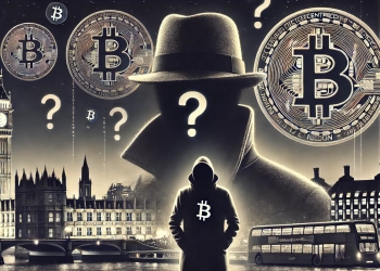 suspenseful digital illustration of Bitcoin is creator Satoshi Nakamoto with symbols of anonymity including a shadowy figure a Bitco