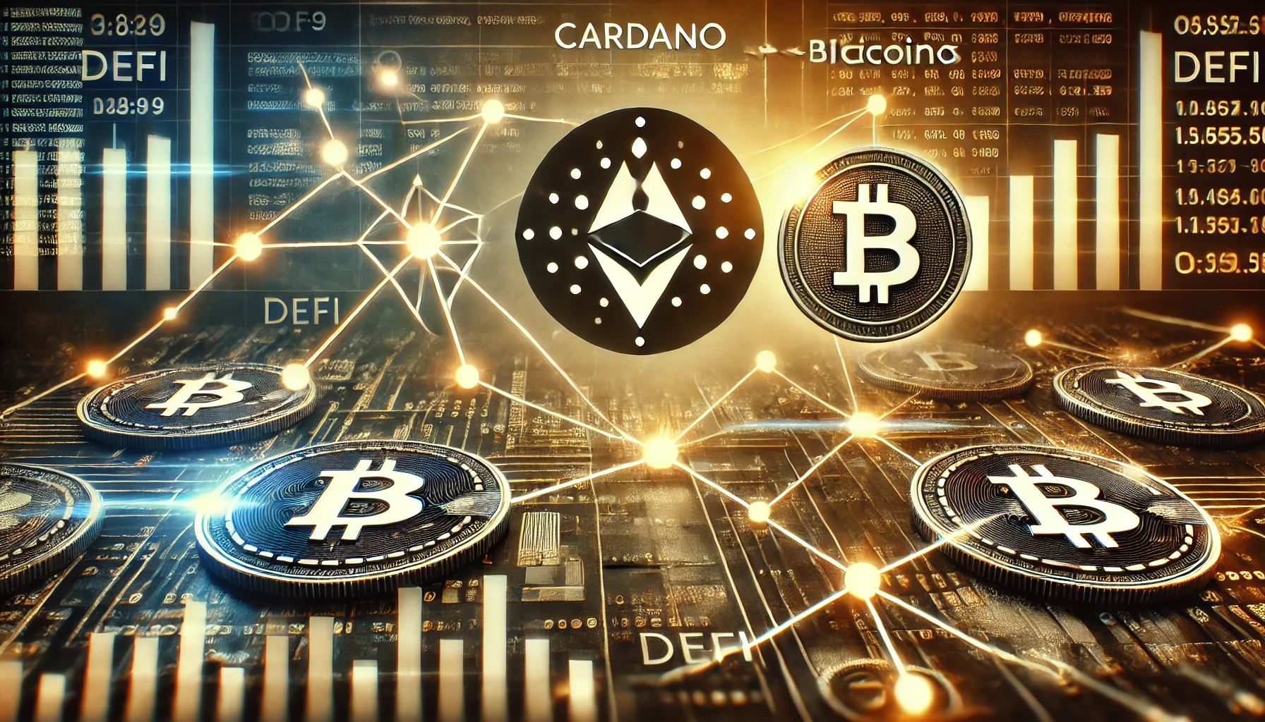 the Cardano and BitcoinOS partnership for DeFi. Focus on the Cardano and Bitcoin symbols connected by digital links or chains