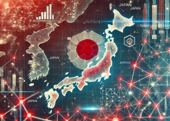 the Japanese market symbolizing blockchain technology integration The design should feature Japans map with digital element