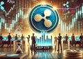 the anticipation of an XRP ETF launch with a focus on the Ripple and SEC logos. Include elements such as XRP price charts sh