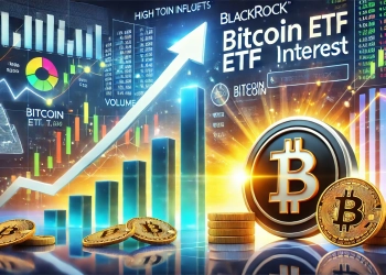 the competitive rise in Bitcoin ETF interest featuring prominent logos of BlackRock and Bitcoin. Include elements like upwa