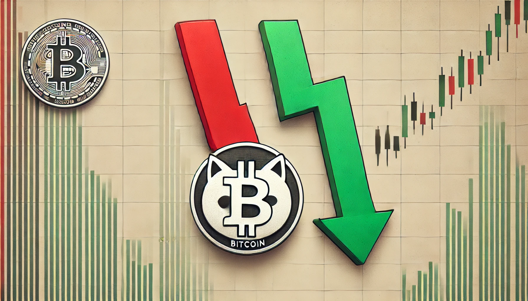 the cryptocurrency market is contrasting movements featuring only the Bitcoin logo with a red downward arrow and the Simo