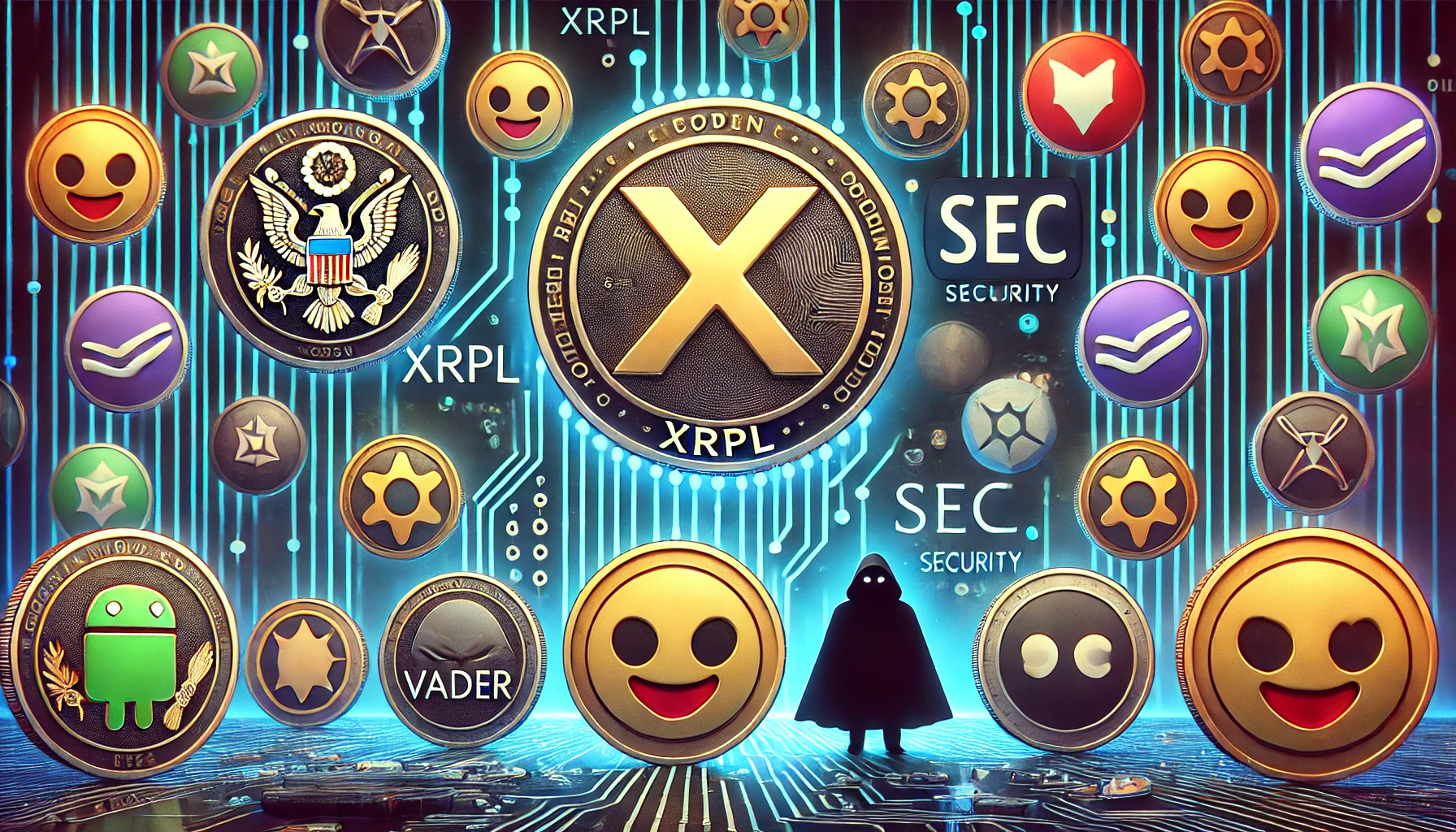 the growing trend and regulatory risks of meme coins on the XRPL blockchain. Show the XRPL symbol prominently with smaller