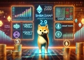 the launch of ShibaSwap 2.0 in a futuristic DeFi setting. The image features the Shiba Inu mascot symbolically standing beside