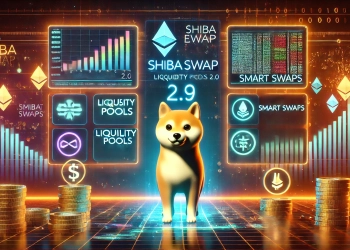 the launch of ShibaSwap 2.0 in a futuristic DeFi setting. The image features the Shiba Inu mascot symbolically standing beside