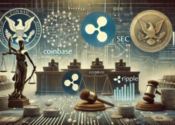 the legal battle between Coinbase Ripple and the SEC. The center of the image should feature a courtroom scene with digita