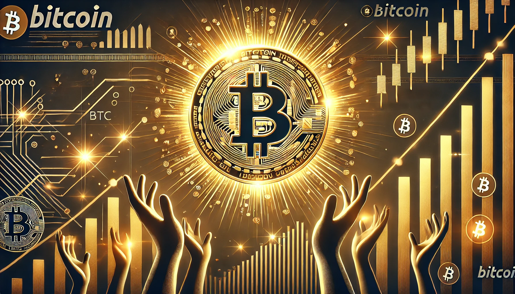 the praise and recognition of Bitcoin BTC. In the center the Bitcoin symbol is displayed prominently with gl