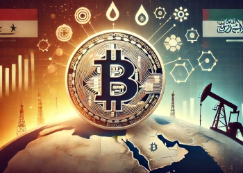 the relationship between Bitcoin and Middle East tensions. The image features a Bitcoin symbol prominently with element