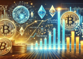 the rise of Solv Protocol surpassing Solana in fee revenue The image features symbols of Solv Protocol Bitcoin and So