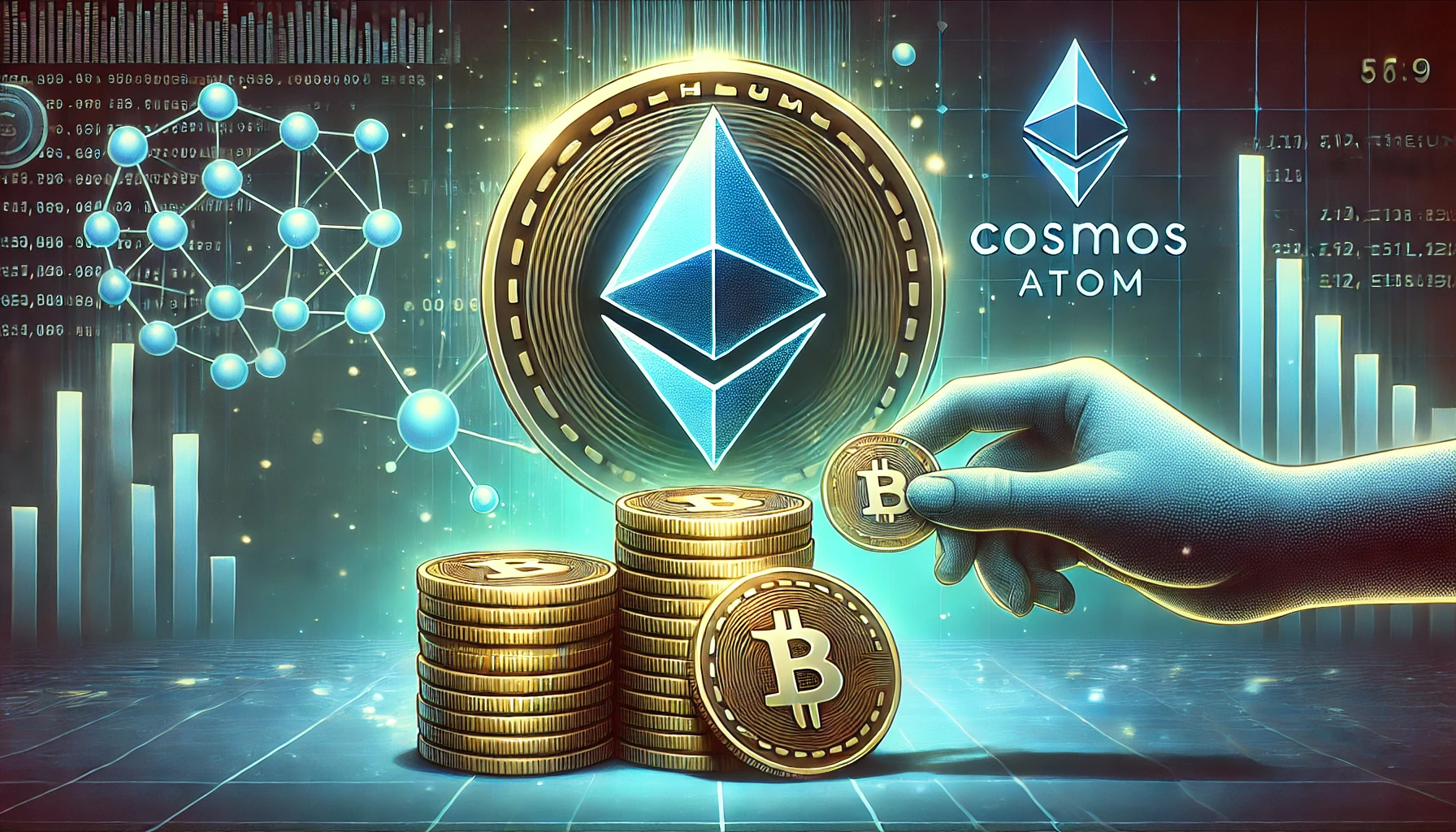 the sale of large amounts of Ethereum by Cosmos developers The central focus should be an Ethereum symbol with a stack of c