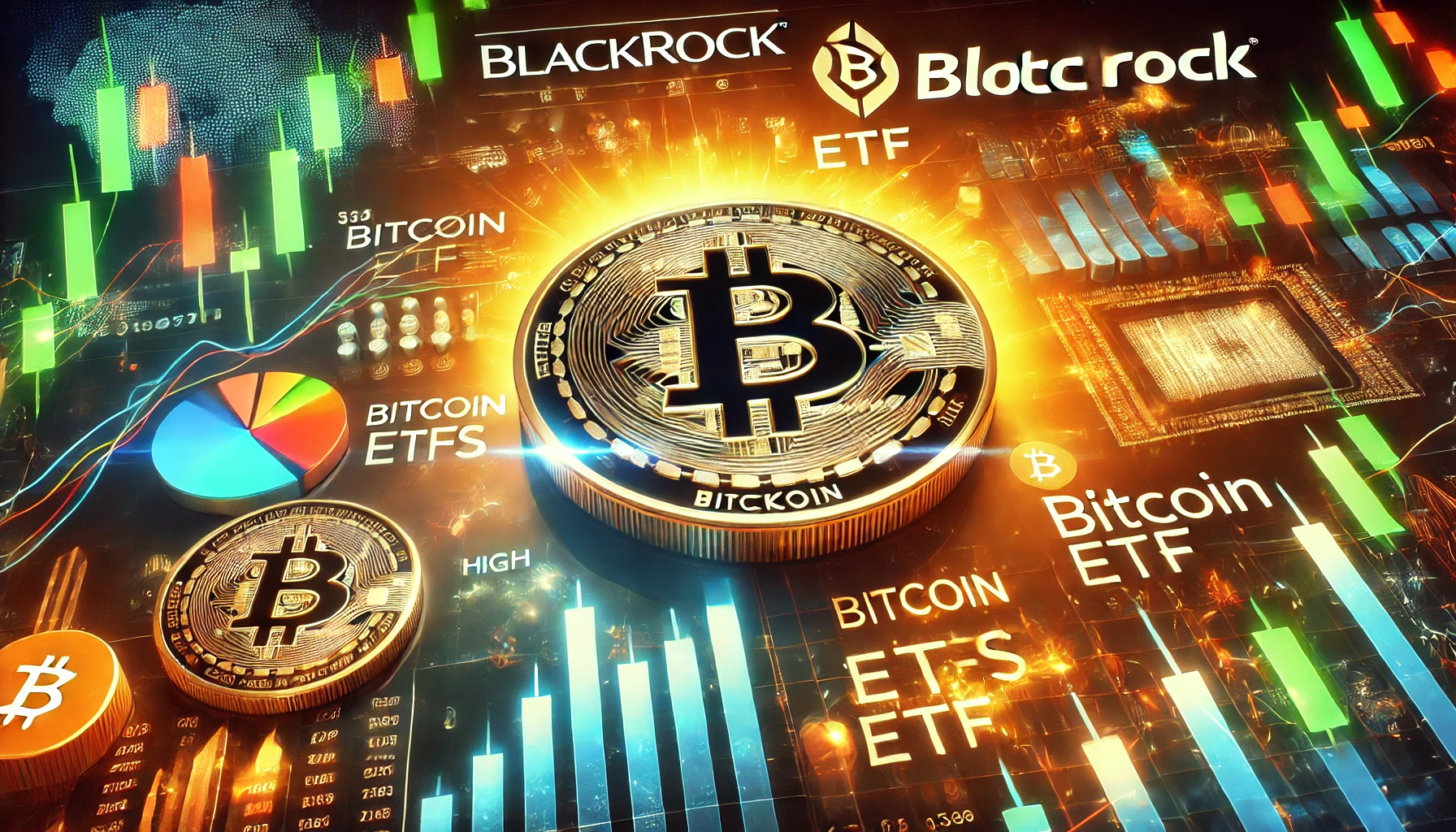 the surge in interest for Bitcoin ETFs with BlackRock and Bitcoin logos prominently displayed. Include elements like financ