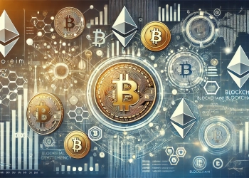 themed around cryptocurrency adoption by major financial firms. The image shows symbols for major cryptocurrencies like Bitcoin and E