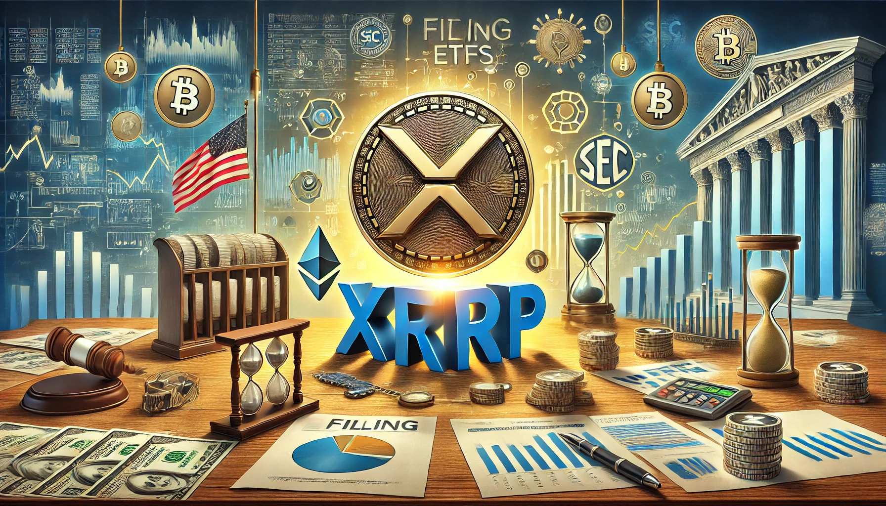 themed around the filing of XRP ETFs in the US. The scene should feature the XRP logo prominently along with symbols repr