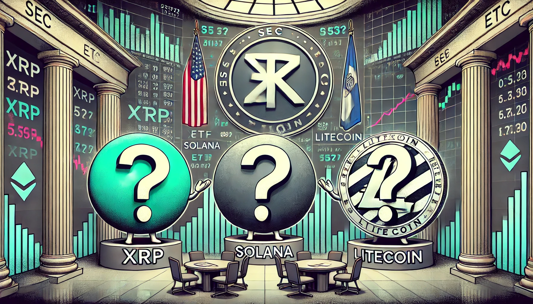 uncertainty of ETF approval for XRP Solana and Litecoin. The scene features the logos of XRP Solana and Li