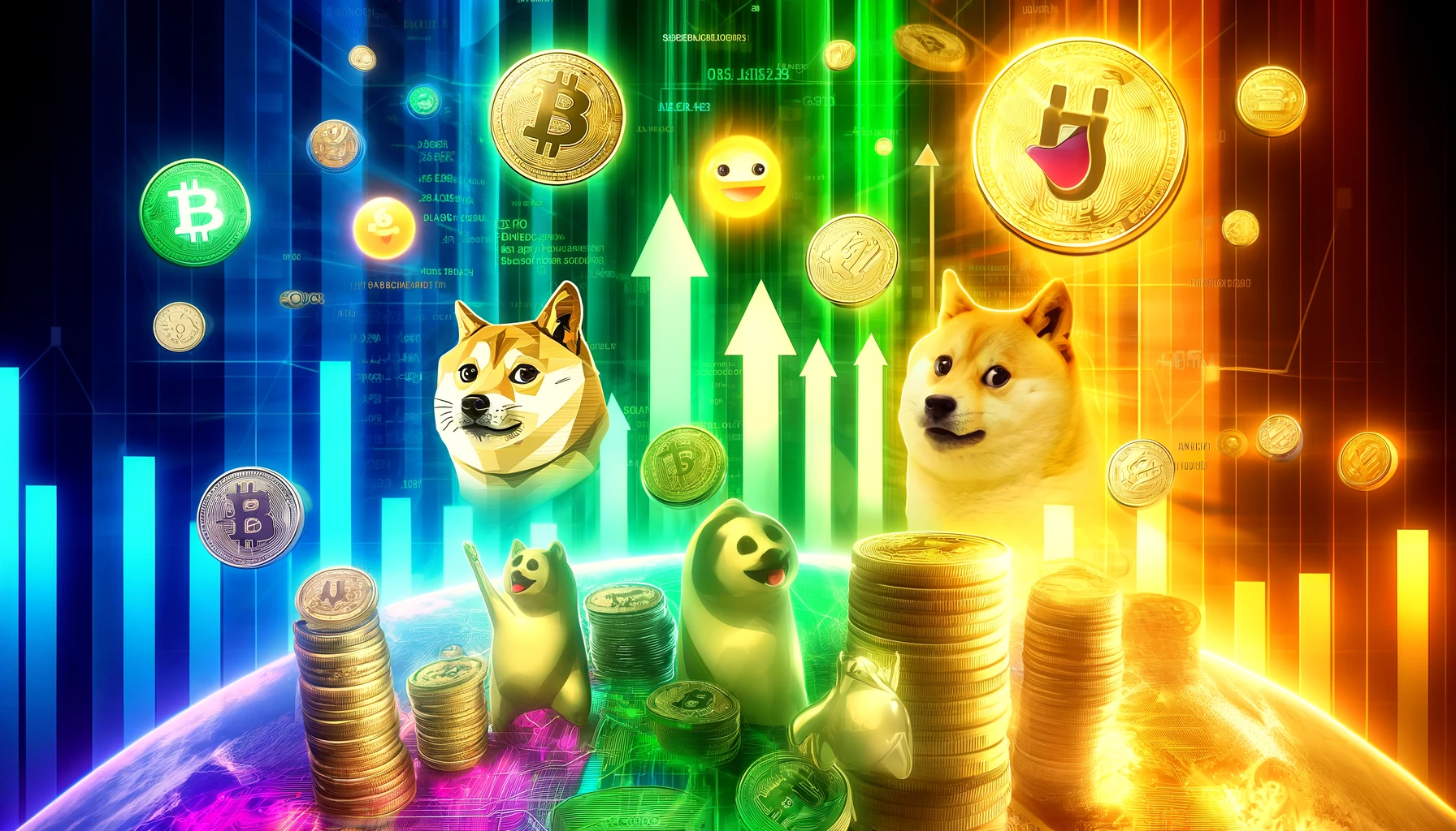 various memecoin symbols like Dogecoin Shiba Inu Pepe and others floating in a digital space representing their rise in