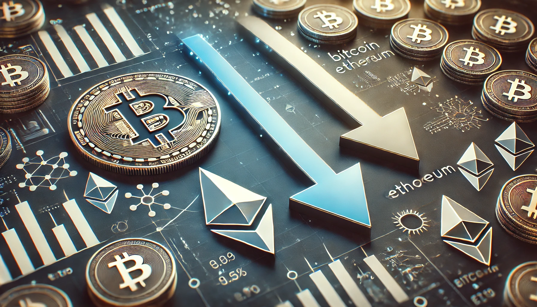 visual representing negative outflows from both Bitcoin and Ethereum ETFs The image should again feature the Bitcoin and E