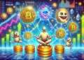 visual showing meme coins attracting the attention of investors The image should feature various meme coins with playful and q