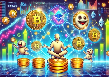 visual showing meme coins attracting the attention of investors The image should feature various meme coins with playful and q