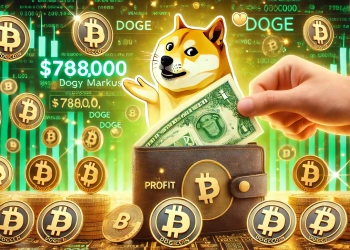 wallet receiving various memecoins with symbols of Dogecoin DOGE in the background representing the profit of 780000