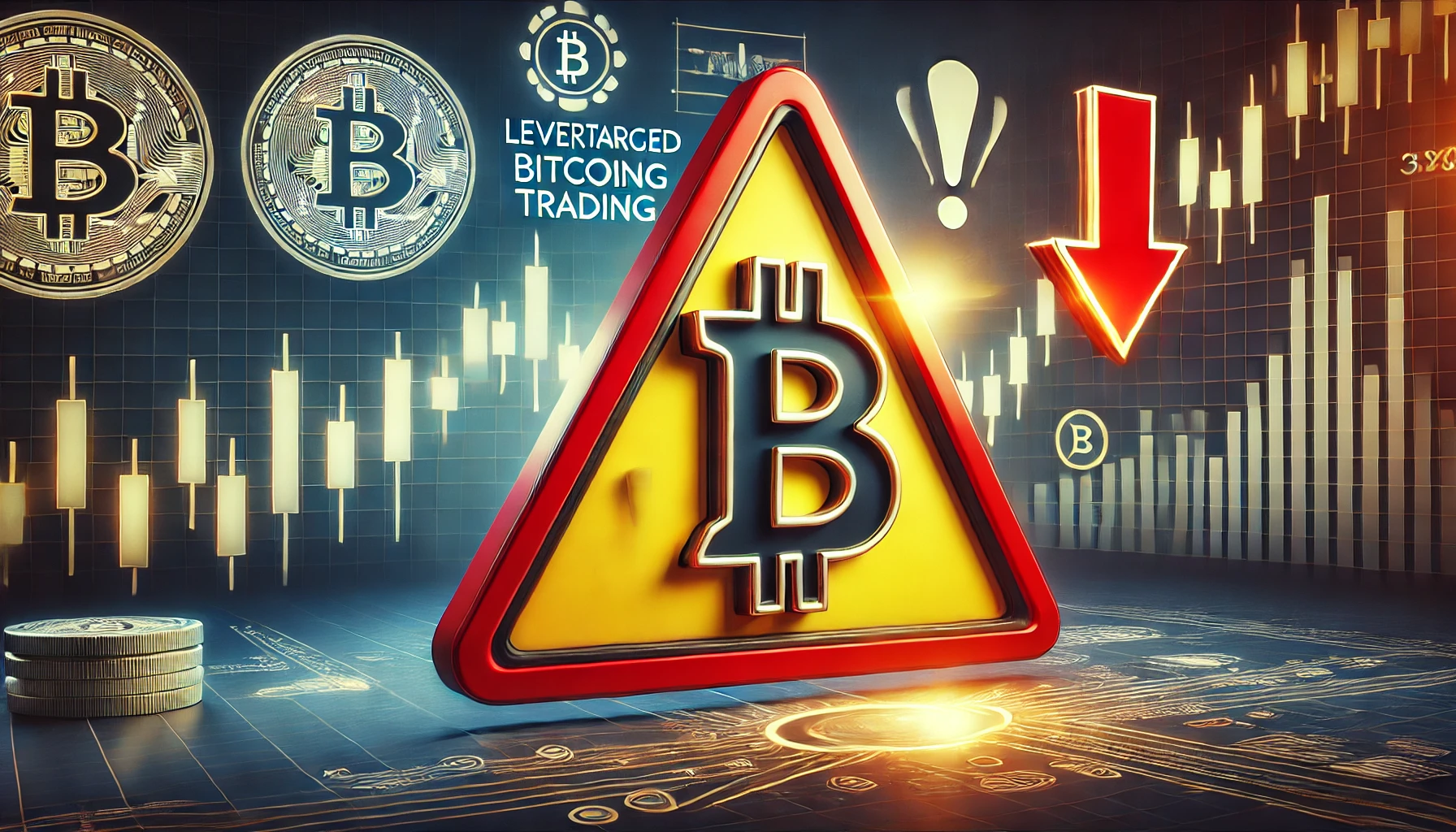 warning about leveraged Bitcoin trading. The scene includes the Bitcoin logo with a large warning symbol such