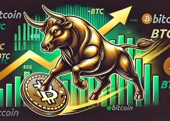 with a bull theme symbolizing a strong Bitcoin BTC market rally. In the center a powerful bull charges forward represent