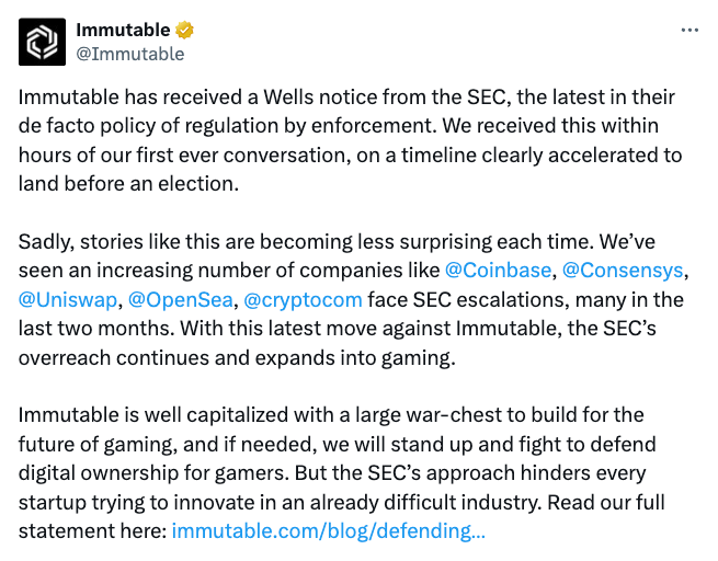 Immutable in the Crosshairs: SEC’s Latest Move Sparks Industry Tensions