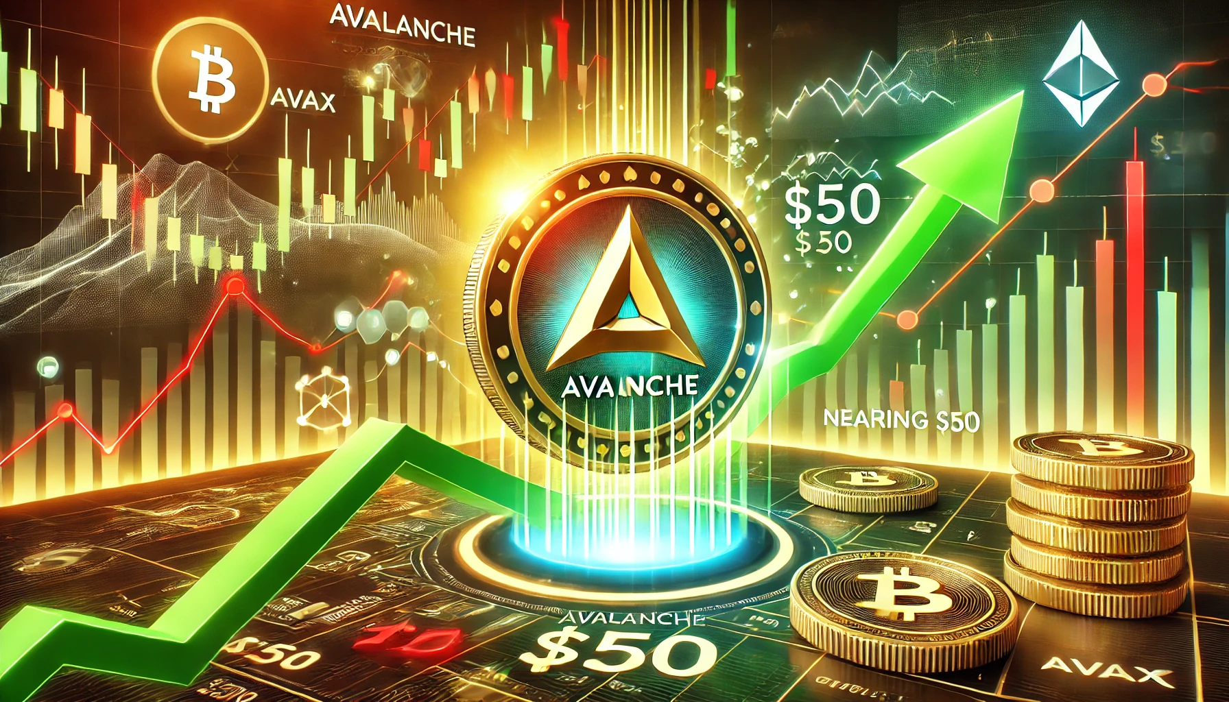 Avalanche AVAX nearing 50. The image features a glowing AVAX token surrounded by bullish green upward arrows an