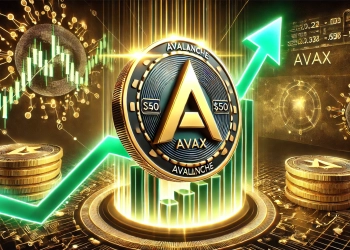 Avalanche AVAX nearing its 50 milestone. The image showcases a shining AVAX coin in the center with dramatic