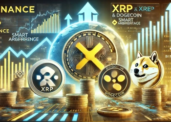 Binance is addition of XRP and Dogecoin to its Smart Arbitrage portfolio. The image includes prominent visuals of Binance XRP