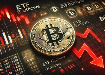 Bitcoin experiencing a sharp price decline. The Bitcoin logo is displayed prominently in a digital market background with red