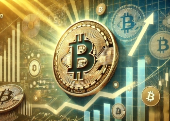 Bitcoin is growth amidst a supportive political climate. The image features a prominent Bitcoin logo approaching a symbolic 9