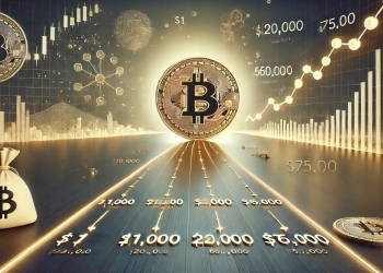 Bitcoin is journey from its early days to its recent all time high of 75000. The scene features a prominent Bi