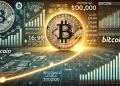 Bitcoin is journey toward a potential 100000 target featuring a Bitcoin symbol prominently with financial charts showing r