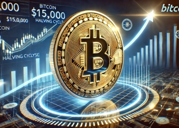 Bitcoin is projected growth with a target of 150000 based on halving cycle analysis. Show a prominent Bitcoin BTC coin r