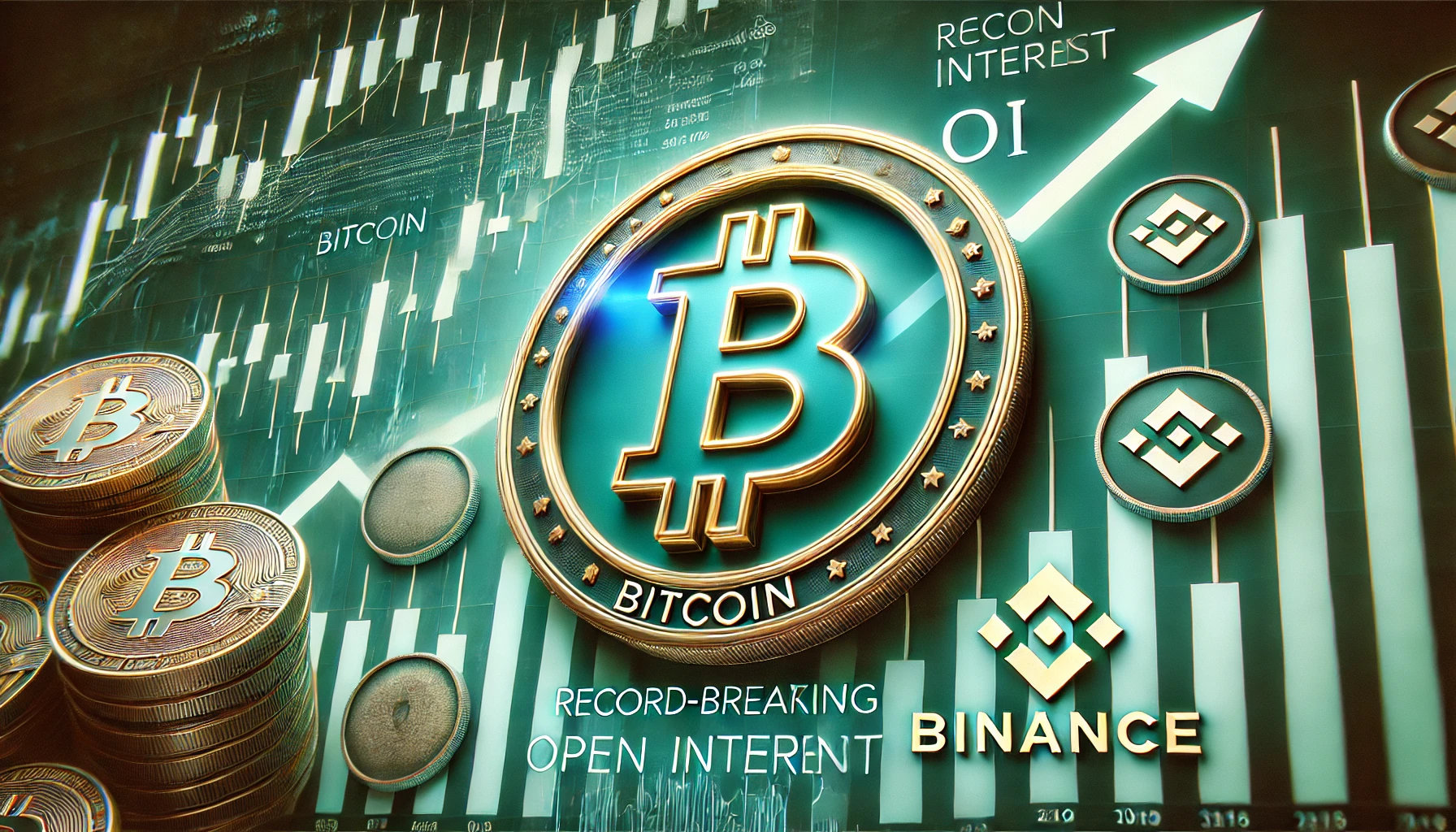 Bitcoin is recent surge and the record breaking open interest OI on Binance. Show Bitcoins symbol prominently with upward