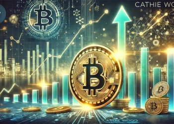 Bitcoin is record breaking performance and Cathie Wood is bold predictions. The design features a glowing